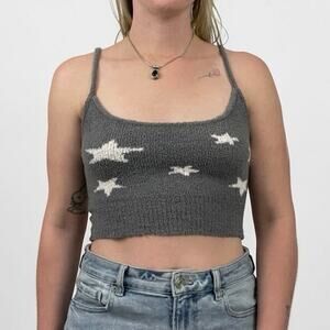 Nue Garage Fuzzy Grey & White Star Print Cropped Knit Tank Top